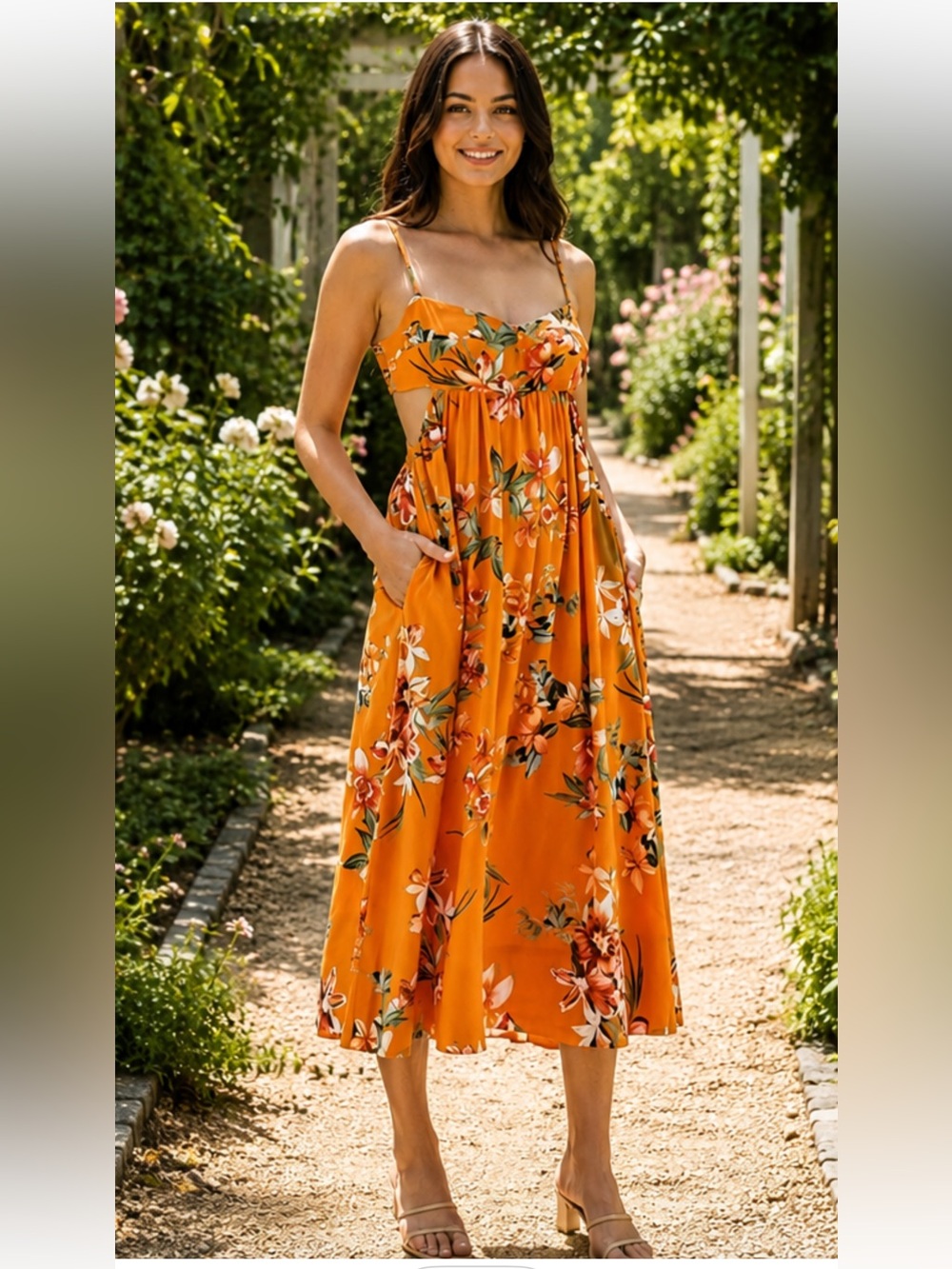 OPT dress linen blend floral midi  dress with open back pockets